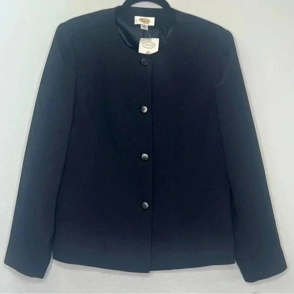 Talbots Made In Japan Pinstripes Collarless Four‎ Buttons Blazer Sz 12 Navy
